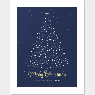 Merry Christmas and a Happy New Year. Minimalistic Christmas tree illustration. High quality Christmas blue white and gold starry illustration in minimalist style. Posters and Art